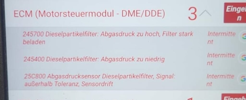 Fehlercode 245700 245400 25C800 Dieselpartikelfilter verstopft