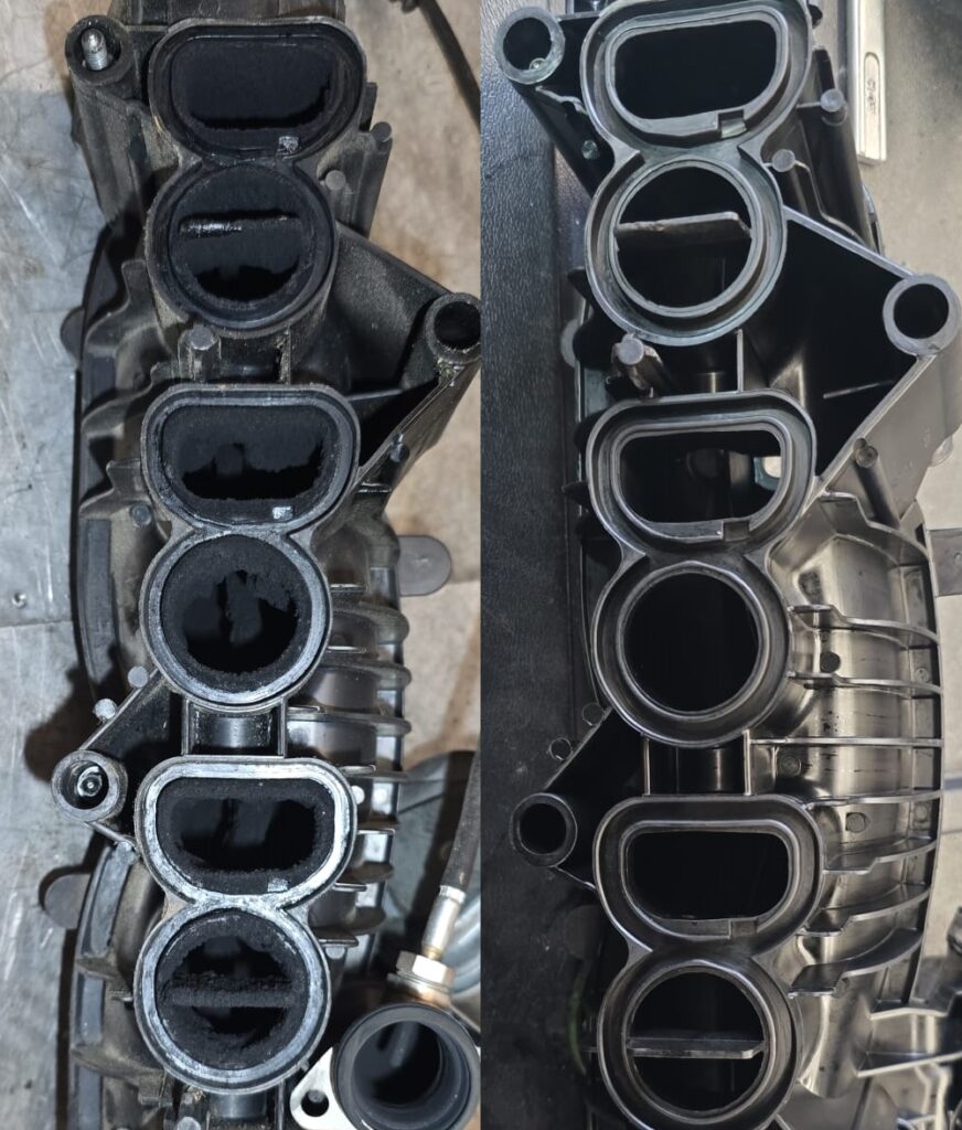 Vergleichsbild: verkokte Ansaugbrücke links / saubere oder gereinigte Ansaugbrücke rechts